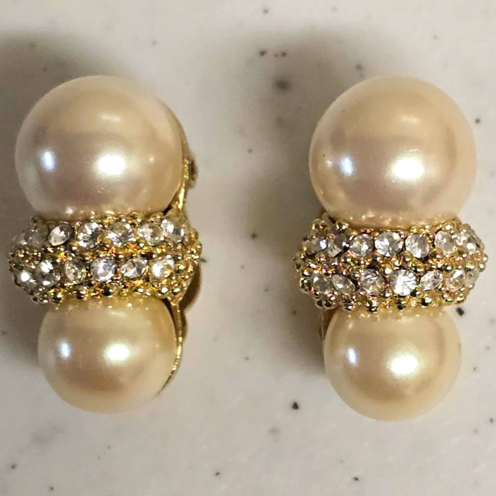 Vintage Signed Richelieu Double Faux Pearl Rhinestone Clip On Earrings 1960s
